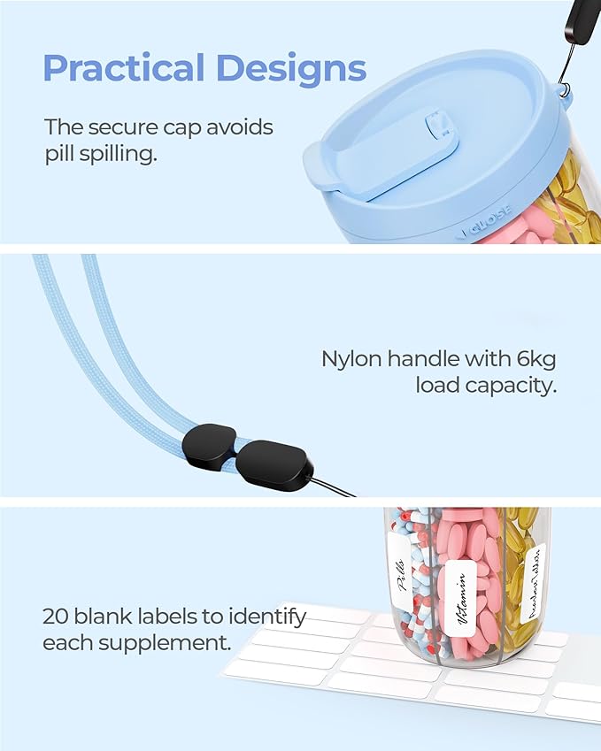 Large Pill Dispenser with 6 Compartments, Anti-Mix Pill Bottle Organizer with Wide Opening & Easy Retrieval, Vitamin Organizer for Travel, BPA-Free Pill Box with a Strap, Blue