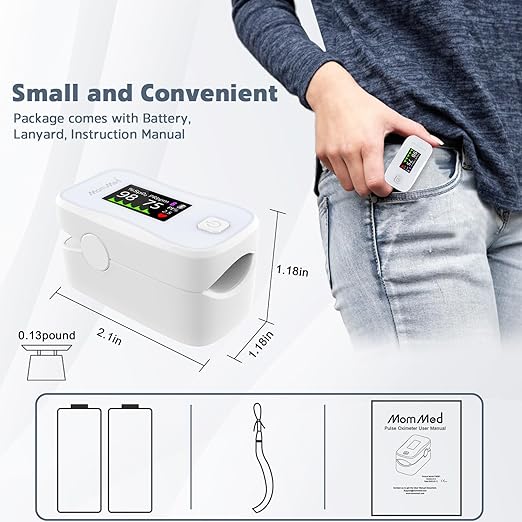 MOMMED Pulse Oximeter, Blood Oxygen Saturation Monitor (SpO2) with Clear Display, Pulse Rate (PR) Perfusion Index (PI) Finger Oximeter, Accurate Oxygen Saturation Meter for Fitness, Sports or Aviation