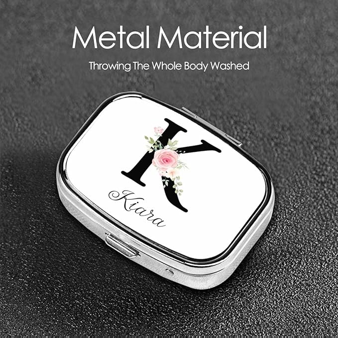 Custom Pill Box Personalized Square Small Pill Case with Mirror Add Your Photo Text Logo Name Decorative 2 Compartment Portable Metal Medicine Container Vitamin Organizer for Pocket Purse Travel (K)
