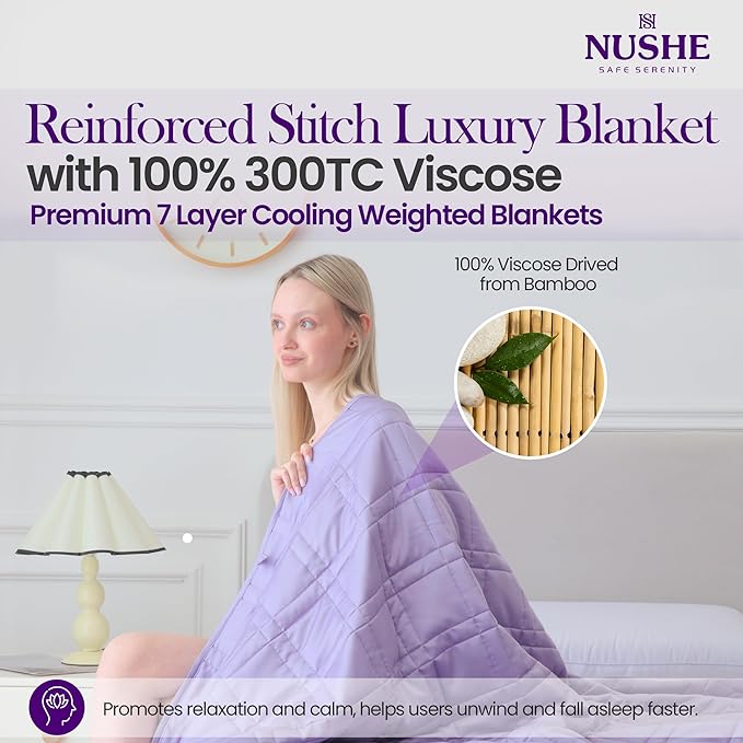 Weighted Blanket for Adults (15 lbs, 48”x72”,Purple) Twin Size. 100% 300TC Viscose, Derived from Bamboo-Premium 7 Layer Cooling Weighted Blankets. Breathable Blanket with travel bag & Machine Washable