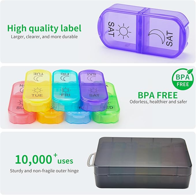 Weekly Pill Organizer 2 Times a Day, Am Pm Pill Box 7 Day, Travel Pill Case, Medicine Pill Organizer for Medication, Vitamins, Fish Oils, Supplements