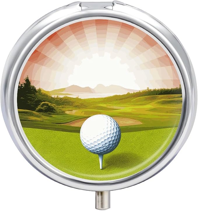 Golf Sport Pill Box Travel Pill Case for Purse Pocket Weekly Medicine Organizer with Mirror 3 Compartment Round Medicine Case Portable PillcaseHolder for Daily