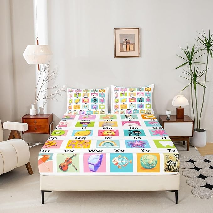 Feelyou Kids ABC Chart Bedding Set Twin Size, Educational Bed Sheet Set Boys Girls Preschool Fitted Sheet Learning Teens Bedroom Decor Bed Set 2Pcs (No Flat Sheet)