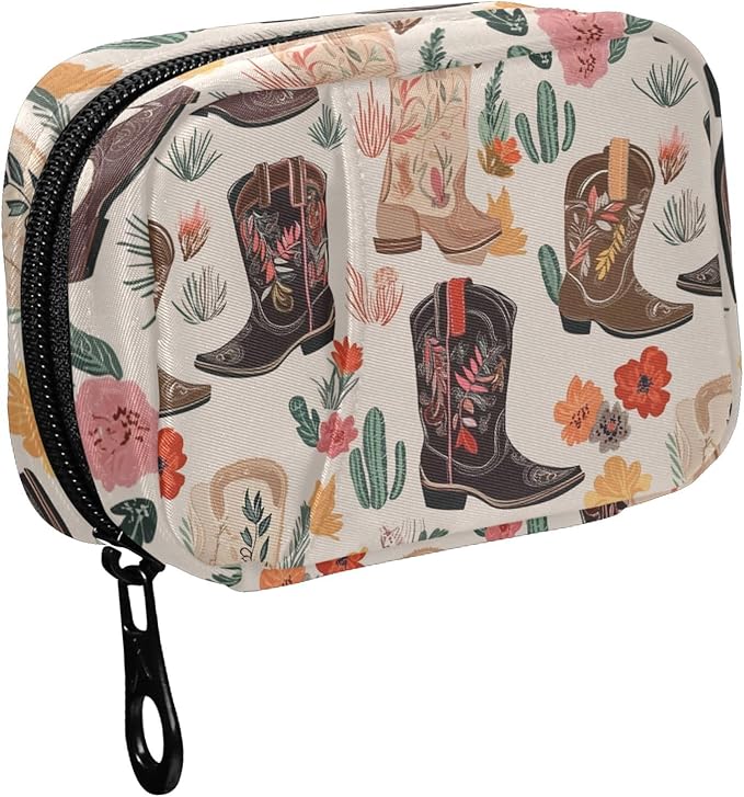 Fustylead Beautiful Retro Cowgirl Boots Pill Organizer for Purse, Weekly Portable Pill Box with Zipper to Storage Vitamins Fish Oils Medications Supplements
