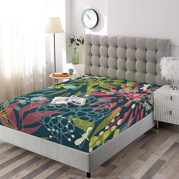 Decorative Bedding Sheet Set Twin XL Size, Leaf Deep Pockets Fitted Sheet & 2 Pillow Sham Set, Abstract Flowers Dragonflies Buds Dandelions Print Microfiber 3pc Bed Sheets Set, for Women & Men Bedding