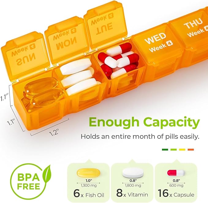AUVON Moisture-Proof Monthly Pill Organizer, Large 28 Days Pill Box Case with Removable 4 Weeks Medication Organizer Rows, Travel-Friendly to Store Fish Oils, Vitamins, Supplements, Medications