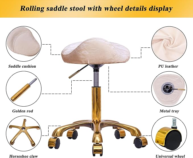 Saddle Stool Gold Rolling Stool with Wheels, PU Leather Roller Vanity Chair, Height Adjustable Swivel Saddle Chair for Pedicure, Tattoo, Massage, Salon, Spa (Pink)