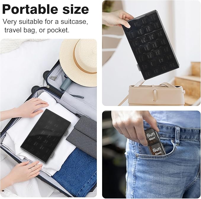 Large Weekly Pill Organizer, 4 Times a Day, 7-Day Moisture-Proof Pill Box with 28 compartments, Capable of Accommodating Large Amounts of Vitamins, Supplements, Fish Oil, and Medicine (Black)