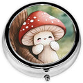Metal Pill Organizer - 3-Compartment Mini Round Pill Case for Pocket & Purse, Portable Vitamin Holder, Easy-Open Design for Travel - Cute Mushroom