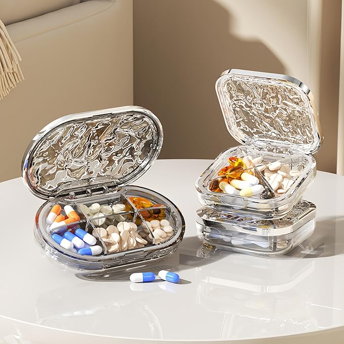 Stylish Pill Organizer Crytal Clear, Waterproof Pill Case for Daily Vitamins, Medicine, Supplements, Travel Pill Box, Cute, Portable with Elegant Design (6 Compartments)