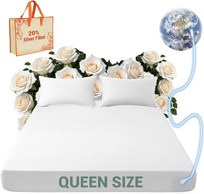 Grounding Sheets Queen, 20% Silver Fiber+80% Organic Cotton, Grounding Sheets Can Improve Sleep and Sub-Health, Anti-Static Grounding Fitted Sheet with 15 ft Gounding Wire(White,60"x80"x13")