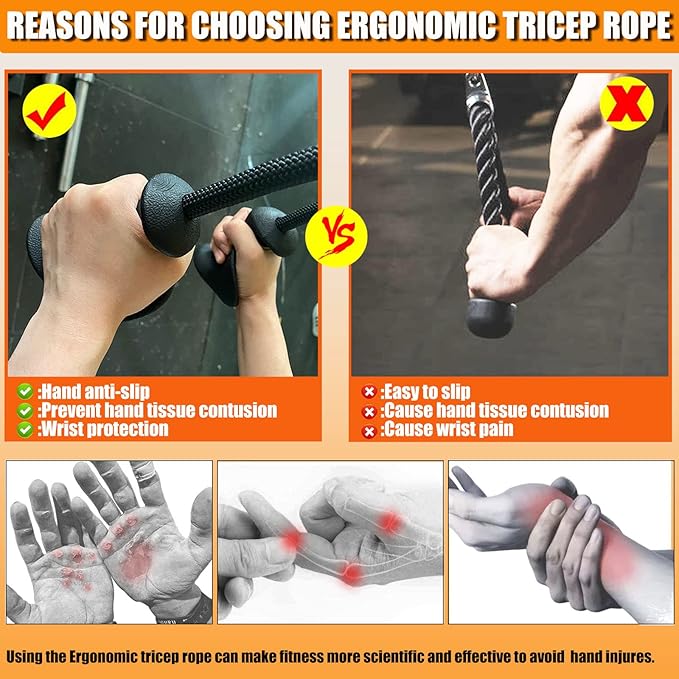 Ergonomic Tricep Rope Pulldown Attachments, Upgraded 27 32 40 & 47 Inch Extra Long Triceps Rope Cable Attachments for Gym, LAT Pull Down Bar for Cable Machine, Tricep Workout Cable Attachments