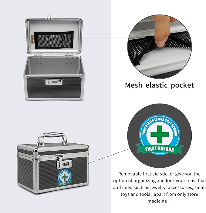 Lockable Medication Box with Portable Storage Case, 10.2 x 6.8 x 6.8 Inch, Childproof Medicine Lock Organizer, Lockbox for Secure Cash, Jewelry, ID Documents (Gray/Small)