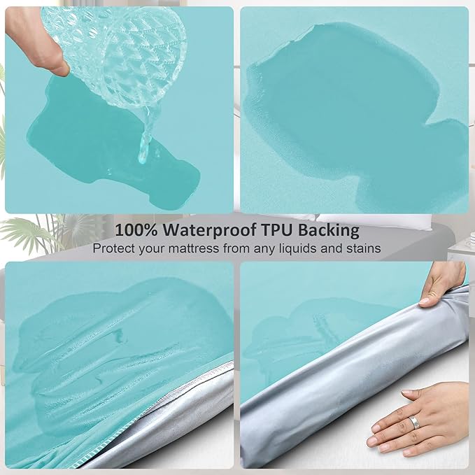 Waterproof Mattress Protector Full, Fitted Sheet Style Breathable Cooling Mattress Cover with Deep Pocket Fits Up to 18'', Noiseless Bed Cover for Kids Adults Pets, Machine Washable(Cyan, 54'' X 76'')