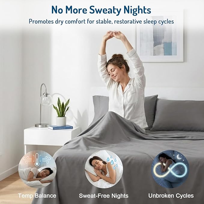Degrees of Comfort Coolmax® Cooling Bed Sheets Queen Size with 18" Extra Deep Pocket, Moisture Wicking Cold Sheet Set for Hot Sleepers and Night Sweats, Cozy for All Seasons, Grey 4 Pieces
