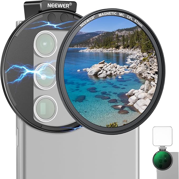 NEEWER 67mm Magnetic CPL Filter, Circular Polarizing Filter with Cold Shoe Phone Camera Lens Clip, Photography Accessories Compatible with iPhone 17 16 Android Samsung Galaxy S25 Ultra