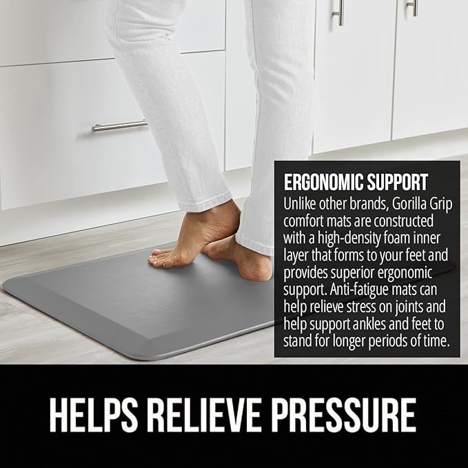 GORILLA GRIP Comfortable Cushioned Kitchen Mats for Floor, 70x24, Waterproof and Stain Resistant Soft Top, 3/4 Inch Thick Ergonomic Standing Desk Anti Fatigue Mat, Foam Supports Ankles and Feet, Grey