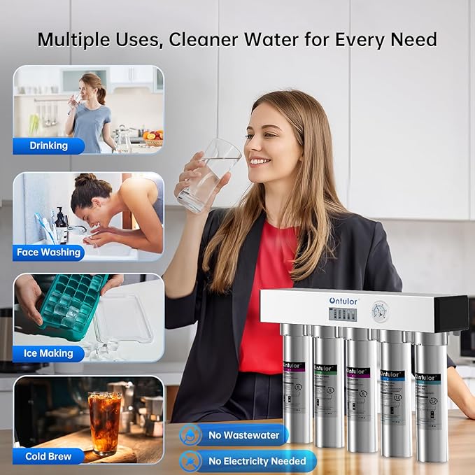Ontulor S2OP-U1 Ultra Filtration Under Sink Water Filter System - 0.01 Micron Stainless Steel Tankless Filtration System w/Pressure Gauge & Filter Life Indicator, Reduces Chlorine, Taste and Odor