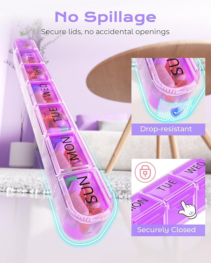 Daviky Weekly Pill Organizer, Large 7 Day Pill Box, Travel Pill Case, Daily Pill Dispenser for Vitamins, Medicines, Supplements, and Fish Oil(Purple)