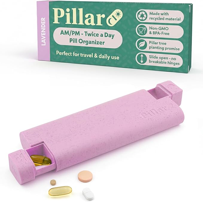 Pillar AM/PM Pill Box Organizer Two Times a Day | Aesthetic 7 Day Tablet Organizer 2 Times A Day | Beautiful Weekly Pill Box for Day and Night Medication (Lavender)