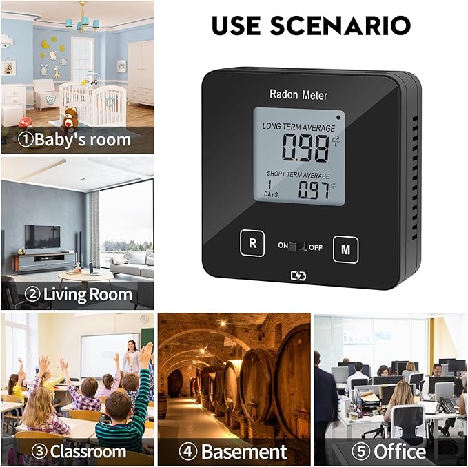HRDM-03B Home Radon Detector, Portable Radon Meter, Elifecity Long and Short Term Home Radon Monitor, Battery-Powered, Easy-to-Use, Ensure Your Home's Safety, Black