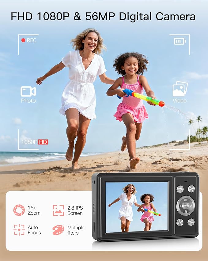 Digital Camera, FHD 1080P Point and Shoot Camera with 32GB SD Card, 2 Batteries, 16X Zoom, Anti Shake, Compact Small Design for Kids Teens Students Girls Boys (Black)