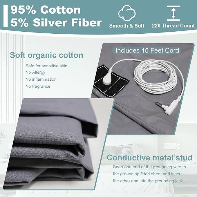 Grounding Sheets Full Size, Grounding Fitted Sheet 54x75x14 in,10% Pure Silver Fiber, Grounded Bed Sheets for Improved Sleep & Wellness (Gray, Full)