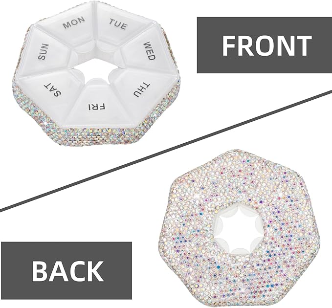 Round Pill Organizer Small Weekly Pill Case for Purse Bling Cute Medicine Pill Box Compact Vitamin Container 7 Day Daily Pill Holder Planner(Ab)