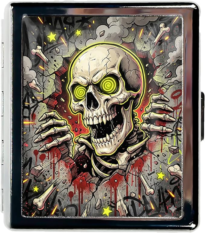 Metal 7 Day Pill Organizer, Weekly Pill Case with 8 Compartments, Travel Pill Box for Purse & Pocket, Small Medicine & Vitamin Organizer with PP Dividers (Neon Skull Graffiti)