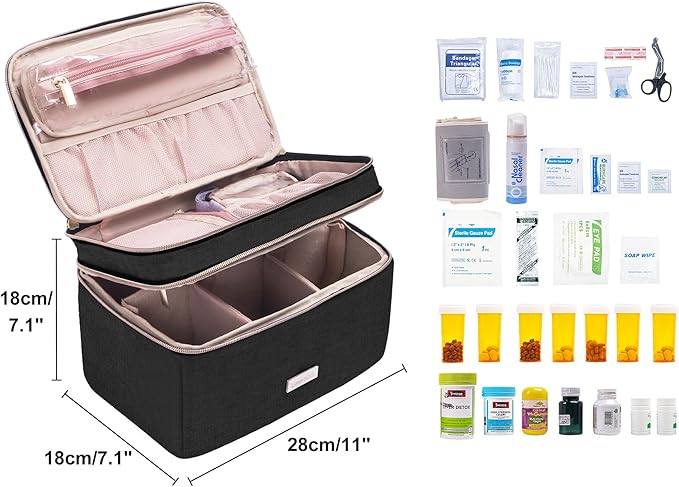 Medicine Storage Bag Pill Bottle Organizer with Portable Small Pouch Travel Medication Bottle Organizer for Emergency Home First Aid Box Kit (Black)