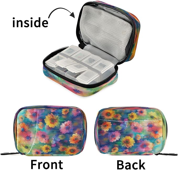 Watercolor Flowers Pill Organizer Portable Travel Pill Case Weekly Pill Box for Medicine Vitamin Supplement
