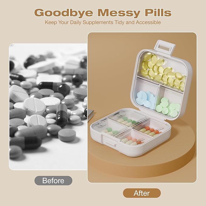 Small Travel Pill Case，Double Layer 7-Compartments Pill Organizer, Portable Weekly Pill Box Container for Pocket, 7 Day Compact Medicine Holder White Medium