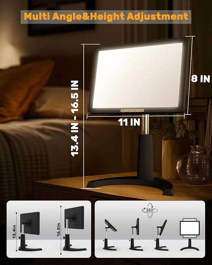 Light Therapy Lamp, 12000 Lux Full Spectrum 3 in 1 Therapy Lamps LED Sunlight, Adjustable 10 Brightness 5 Color Modes, Timer, Height, Angle& Detachable Stand, Black
