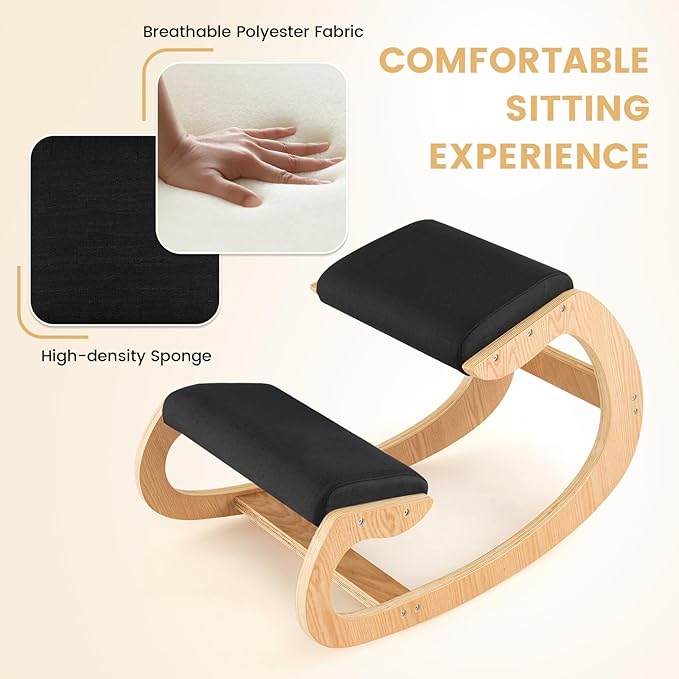 Ergonomic Kneeling Chair, Wooden Posture Chair W/Extra Padding for Back Neck Pain Relief & Improving Posture, Rocking Meditation Stool W/Knee Support for Home Office (Black)
