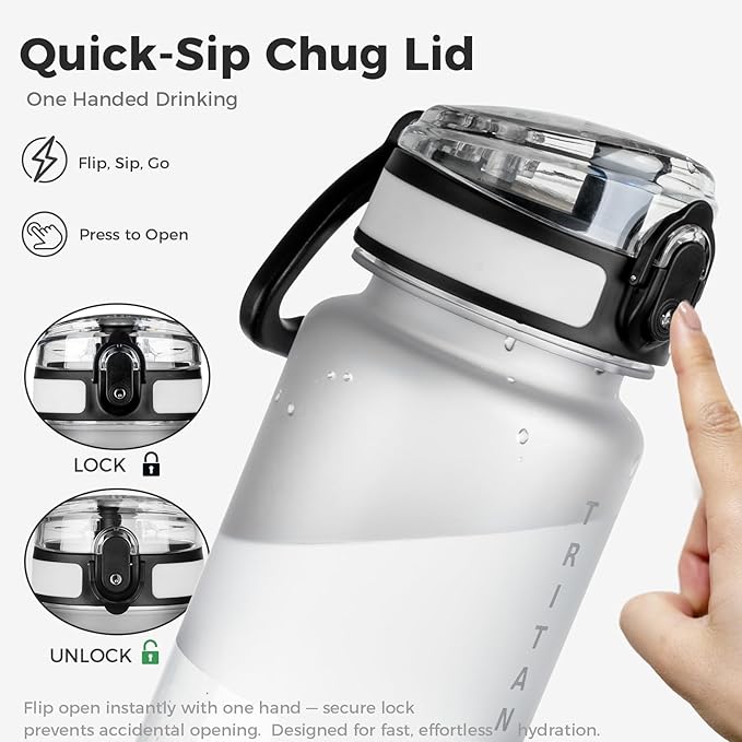 32oz Water Bottle with Chug Lid, Frosted & Clear Tritan BPA-Free, Leakproof, Wide Mouth, Portable Sports Water Bottle for Gym, Office, Travel, Outdoor (Transparent)