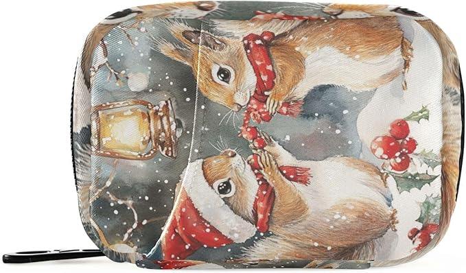 Christmas Squirrels Watercolor White Travel Pill Organizer Case Box Container Weekly Portable Vitamin Medicine Holder Storage Bag with Zipper Removable