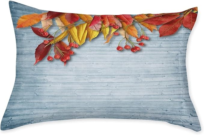 XISUNYA Decorative Fitted Sheet Set Twin Size, Rowan Deep Pockets Fitted Sheet & 2 Pillow Sham Set, Vintage Autumn Dried Rowan Leaves Berries on Wooden Planks Printed Microfiber Bedding 3pc Set
