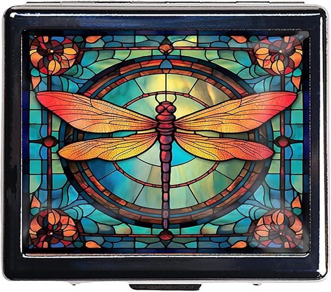 7 Days Chromed Shiny Silver Pill Organizer with Mirror Inside Has 8 Separate Compartments Rectangle 7 Days Pill Box Pill Case (Dragonfly Stained Glass)