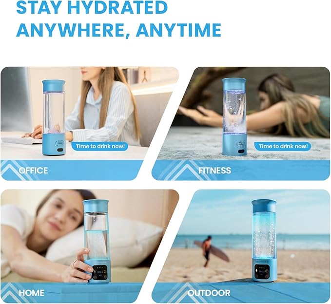 Hydrogen Water Bottle Generator - Up to 6000+ PPB Concentration - SPE/PEM Technology - Voice Reminder - Water Ionizer Machine Suitable for Travel, Daily and Office Drinking - 12oz (Blue)