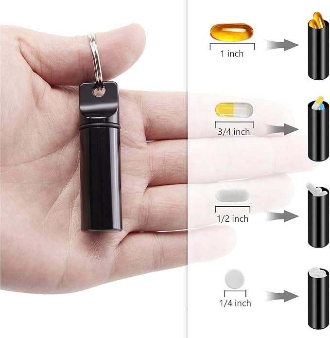 2 Pack Small Pocket Pill Box Keychain, Portable Mini Aluminium Alloy Pill Organizer Case Container for Purse, Waterproof Metal Pill Holder Medicine Bottle for Outdoor Camping Travel (Black & White)