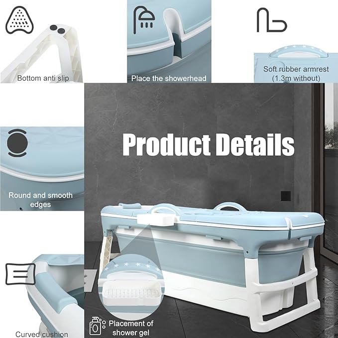 Portable Bathtub, 58/56/50/46 Inch Collapsible Bathtub, Freestanding Foldable Bathtub for Adults, Folding Tub for Shower, Hot Bath, Ice Bath Blue-B-120cm