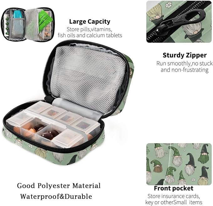 Fustylead Hand Drawn Saint Patricks Gnomes Travel Pill Organizer Bag with Zipper Small Pill Box 7 Day Pill Case for Purse Storage Weekly Vitamin Medicine Supplement