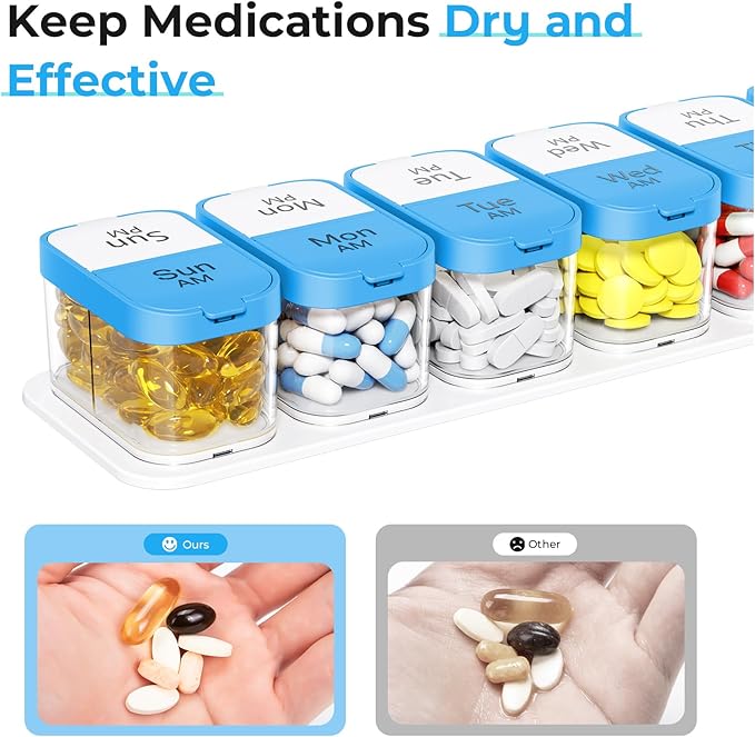 Odaro Extra Large Weekly Pill Organizer 2 Times A Day, XL Pill Box 7 Day Am Pm, Jumbo Medicine Organizer to Hold Daily Medicine Vitamin and Supplements - Blue