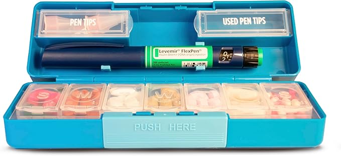 Diabetic Pen Case & 7 Day Medicine Organizer - Travel Kit for Diabetic Supplies - at a Glance Medicine Reminder - Holds New & Used Needles Safely - Small & Discreet