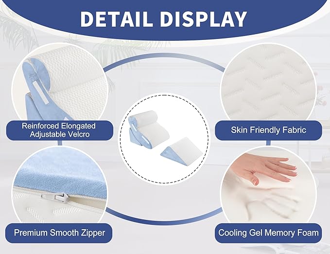 4PCS Wedge Pillow Set for Sleeping – Orthopedic Bed Pillow for Post Surgery, Adjustable Memory Foam Support for Sitting Up in Bed, Back Pain, GERD, Snoring Relief, White Blue