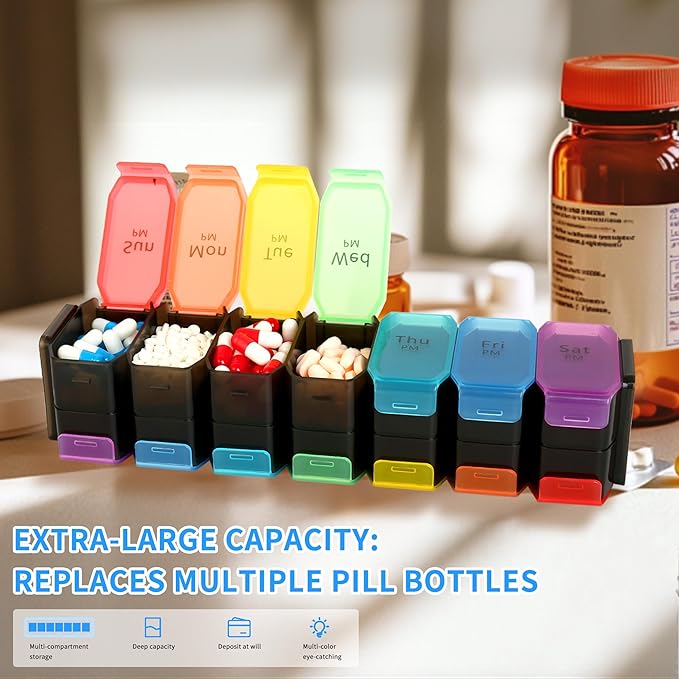 Extra Large Pill Organizer 2 Times a Day – XL Pill Box 7 Day with Big AM/PM Compartments – Fits Large Vitamins, Supplements & Gummies, for 7 or 14-Day Use, Suitable for Anyone, Medicine Organizer