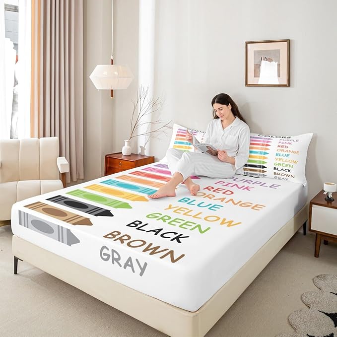 Feelyou Kids Colors Learning Bedding Set Full Size, Educational Bed Sheet Set Boys Girls Preschool Fitted Sheet Kindergarten Teens Bedroom Decor Bed Set 3Pcs (No Flat Sheet)