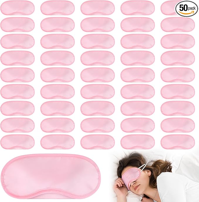 Aneco 50 Pieces Blindfold Sleep Mask Bulk Eye Mask Shade Cover with Nose Pad and Adjustable Strap for Travel Sleep Game Party Supplies, Light Pink