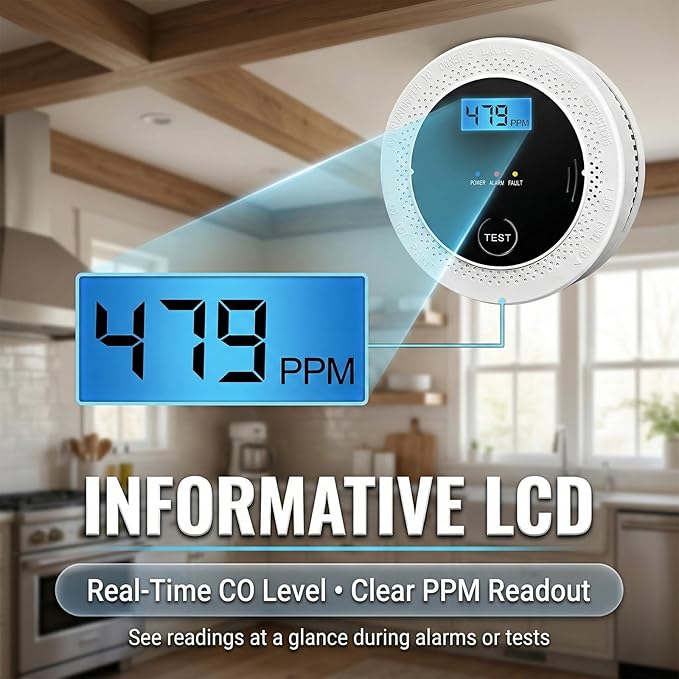 3-Pack Smoke & Carbon Monoxide Detector with LCD Display, 85dB Alert, 2-in-1 Battery-Powered Alarm for Home, RV, Apartment Safety