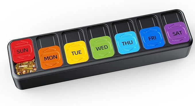 Restree Weekly Pill Organizer Once a Day, Daily Medicine Organizer with Slide-Lid, 7 Day Portable Travel Pill case, Vitamin & Supplement Organizer (Black)